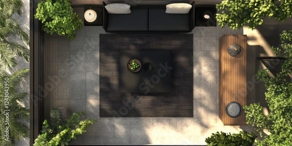 Fototapeta Modern minimalist patio design with lush greenery and seating