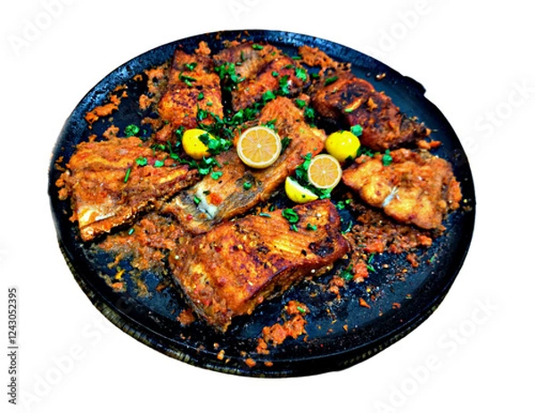 Obraz Fish Pieces Frying in a Pan on White Background