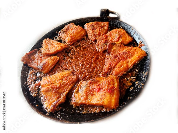 Obraz Fish Pieces Frying in a Pan on White Background