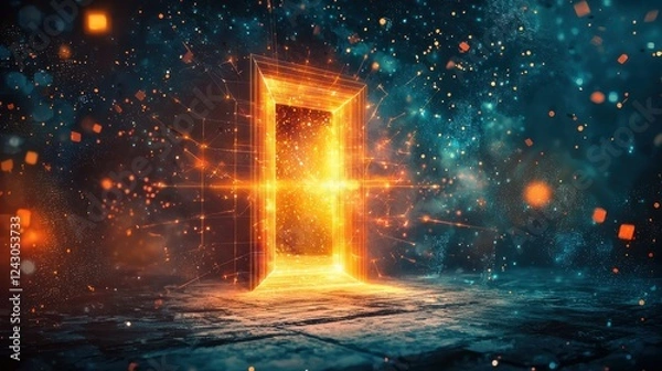 Fototapeta Glowing portal, fiery orange and blue light, dark background, sparks and particles, mysterious and magical atmosphere.