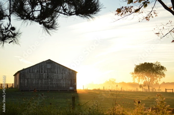 Obraz Sunrise behind a barn on a foggy morning