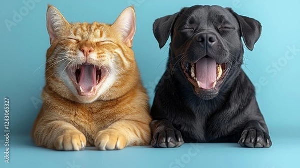 Fototapeta Laughing dog and cat together set against a blue backdrop