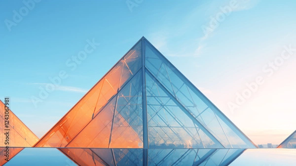 Fototapeta Abstract background with blue and orange triangles and a glass pyramid, ideal for technology presentations.

