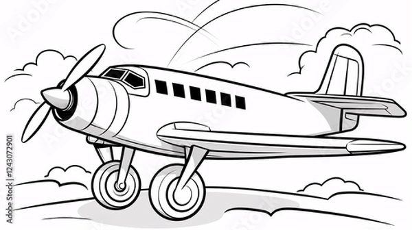 Obraz A minimalist black and white drawing of an aeroplane, perfect for a kids' coloring page.

