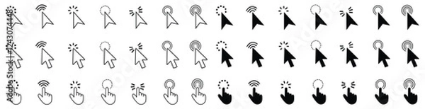 Obraz mouse cursor arrow click pointer icon set in editable stroke and solid style vector illustration isolated on white bg.