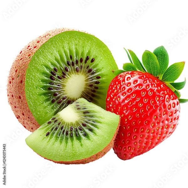 Fototapeta Fresh kiwi and strawberry, vibrant colors with detailed textures, isolated on white background