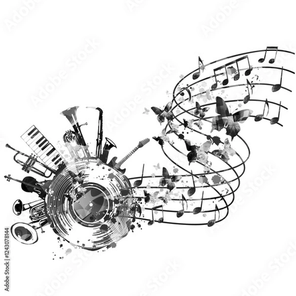 Obraz Music background with black music instruments and vinyl record disc vector illustration. Music festival poster with double bell euphonium, violoncello, trumpet, piano, euphonium, sax and guitar	