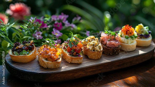 Fototapeta Elegant Appetizers on a Rustic Wooden Plate A selection of colorful appetizers served on a wooden plate, surrounded by blooming flowers and soft sunlight in a garden.