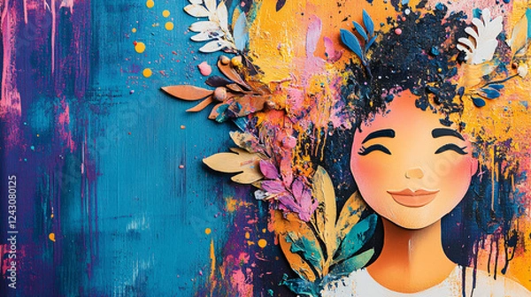Fototapeta vibrant figurative artwork celebrating diversity with joyful woman surrounded by colorful foliage and abstract patterns. piece radiates positivity and inclusivity