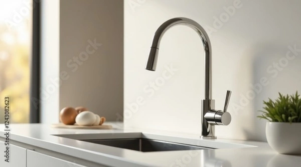 Fototapeta Sleek Modern Kitchen Faucet with Integrated Design and Minimalist Aesthetic in Bright Sunlight