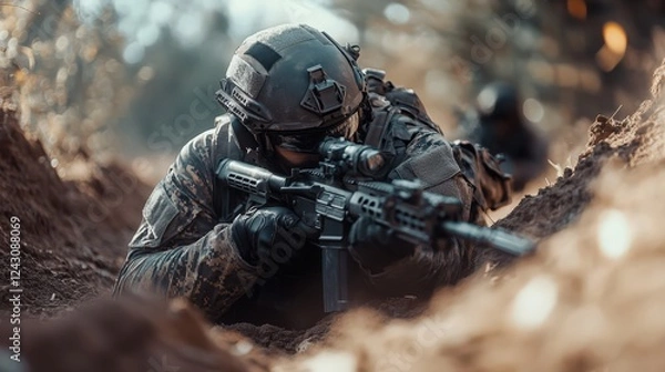 Fototapeta Soldier in Combat Position Aiming Rifle in Trench Warfare Setting