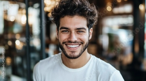 Fototapeta Mediterranean man with beard smiling in urban setting. Ideal for modern lifestyle, personal branding, and authentic representation content.