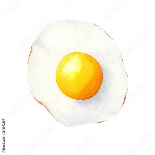 Obraz Fried egg with a vibrant yolk, painted in soft watercolor strokes. A cozy breakfast illustration for recipe books, healthy food blogs, and kitchen wall art