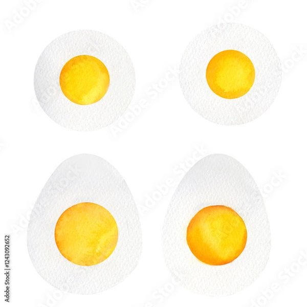 Obraz Boiled egg halves with rich yellow yolks and smooth whites. A watercolor illustration ideal for menus, diet plans, recipe books, healthy lifestyle blogs, farm product packaging, and breakfast visuals