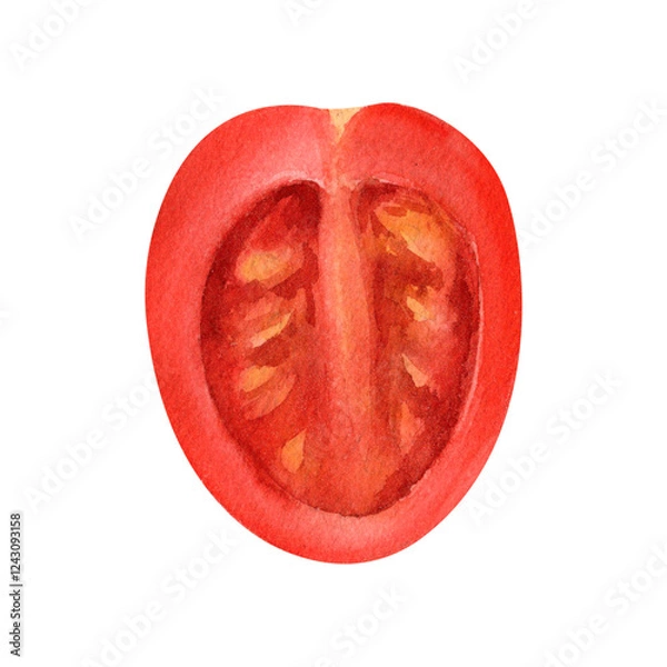Obraz Half of a ripe cherry tomato with visible seeds and soft pulp, painted in watercolor. Suitable for cooking websites, nutrition infographics, organic farm visuals, and plant-based food guides.