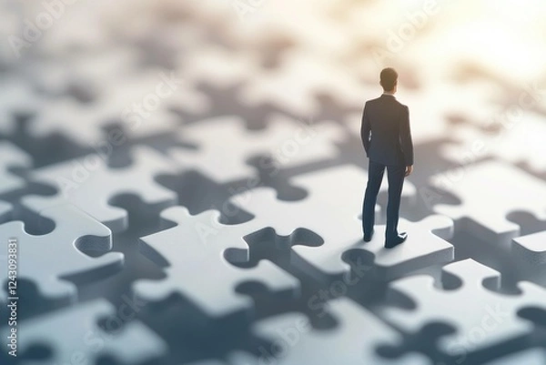 Fototapeta Young businessman in a suit stands on a large puzzle, symbolizing problem solving and strategy in a corporate environment