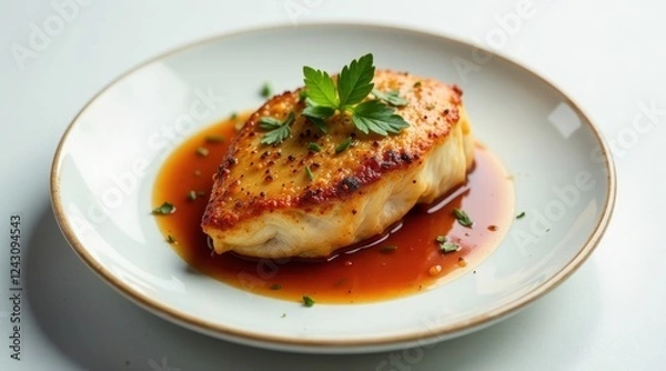 Fototapeta A Pan-Seared Fish Fillet with Savory Glaze and Fresh Herb Garnish on a Simple Plate