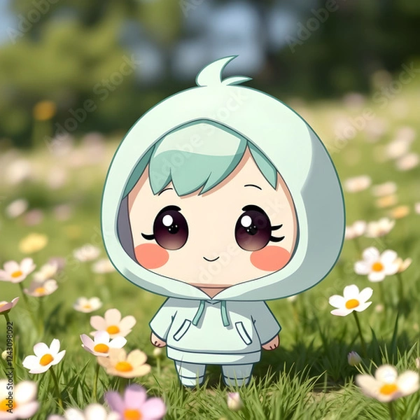 Obraz A cute, chibi-style character with big round eyes, rosy cheeks, and a small smile, wearing a pastel-colored hoodie, standing in a sunny meadow with flowers.