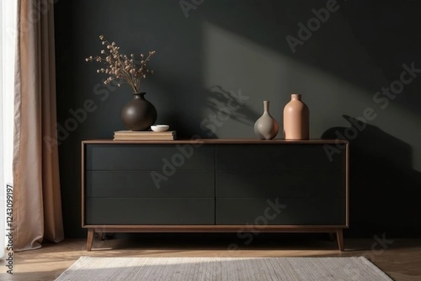 Obraz Stylish Dark Wood Chest of Drawers with Dried Flowers and Vases in a Modern Interior