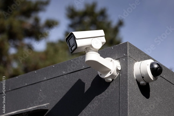 Fototapeta Surveillance camera CCTV. Close-up of modern surveillance cameras mounted on a dark building corner, ensuring security and monitoring, with a blurred tree background on a sunny day. Home security.