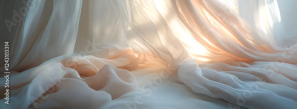Fototapeta Ethereal Flowing Fabric in Soft Pastel Tones, Delicate Textile Waves in Dreamy Colors