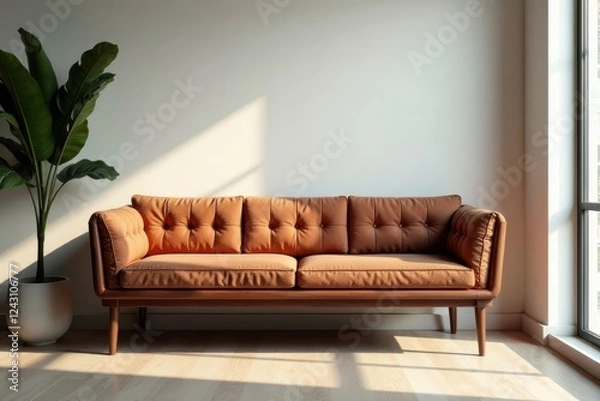 Fototapeta A modern burnt orange couch with wooden legs sits in a sunlit room near a large window and a potted plant