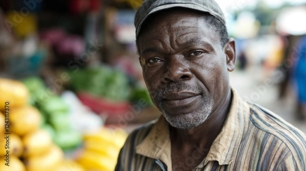 Fototapeta African farmer at local market stall. Perfect for agriculture, local food, and authentic market lifestyle content.