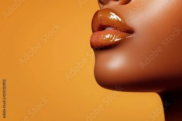 Fototapeta Close-up of a glossy, caramel-colored lip with a smooth finish against a warm orange background, showcasing a vibrant beauty aesthetic.