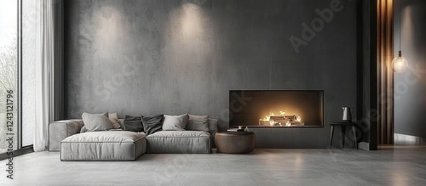 Fototapeta Spacious grey living room featuring a large couch and a cozy hearth.