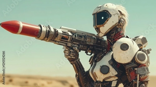 Fototapeta Futuristic warrior with a rocket launcher standing in a desert landscape