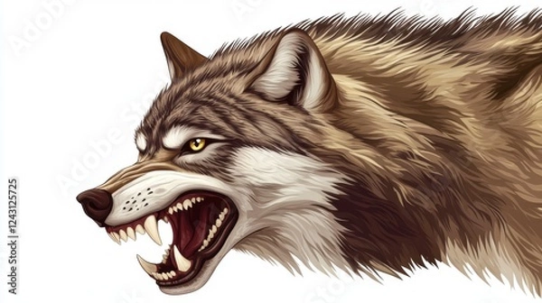 Obraz Detailed illustration of an aggressive wolf head with sharp teeth on white background
