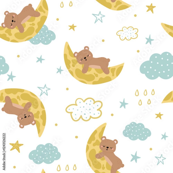 Fototapeta seamless pattern featuring adorable teddy bears, stars, clouds, and crescent moons on a white background.