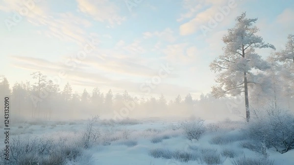 Fototapeta A serene winter landscape in the Scandinavian region, with snow-covered fields and forests

