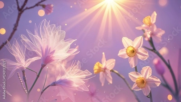 Fototapeta Pastel Floral Dreamscape with Daffodils Magnolias and Bokeh Lights Springtime Bliss