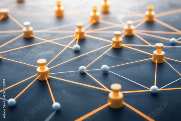 Fototapeta Network of connected pins on dark surface