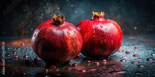 Fototapeta Two ripe pomegranates glistening with water droplets, resting on a dark, wet surface with scattered seeds.