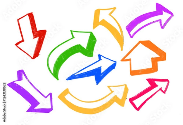 Fototapeta arrow 3d red different direction Sketch chalk pencil  arrow icon. colorful crayon on transparent background Hand drawn grunge crayon brush sketch direction charcoal element set. Vector illustration