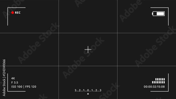 Fototapeta Camera viewfinder overlay. Video camera viewfinder on black background. Video camera viewfinder display frame for recording video and photos. Recording camera screen with indicators and frame. Vector
