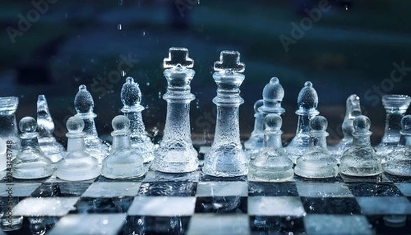 Fototapeta Incredible chess pieces made of water displayed on a water-themed chessboard with droplets enhancing the mystical ambiance