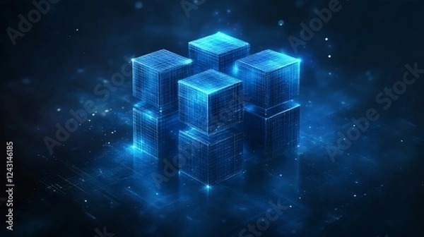 Fototapeta Futuristic digital cubes illuminated with blue light, representing technology and innovation in a virtual space environment.