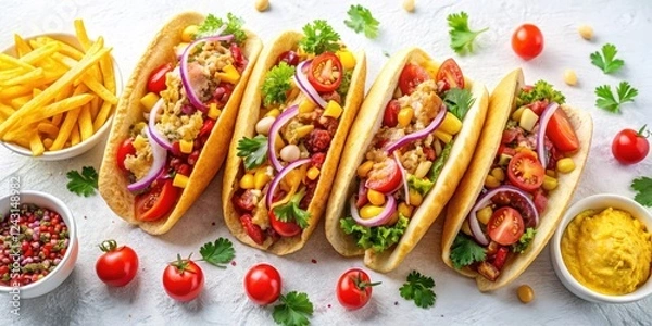 Fototapeta Savory Corn and Bean Tacos with Scrambled Eggs, Red Onion, and French Fries