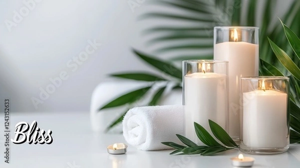 Fototapeta Serene Spa Setting with White Candles and Lush Greenery