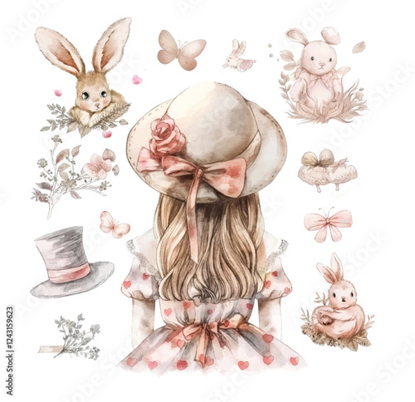 Fototapeta Watercolor wonderland set. Hand drawn vintage art work with white rabbit, playing cards, silver key, cylinder hat and flamingo.
