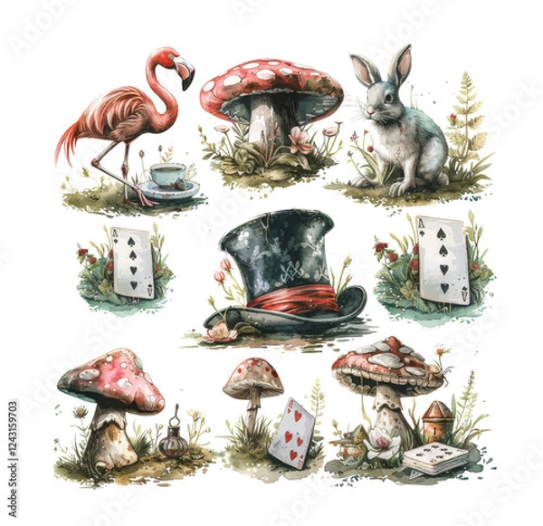 Fototapeta Watercolor wonderland set. Hand drawn vintage art work with white rabbit, playing cards, silver key, cylinder hat and flamingo.