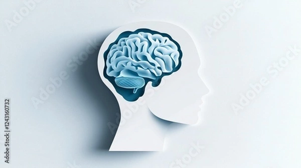 Fototapeta Paper-cut card vector logo design of a human head profile with a brain inside, in a minimalist, flat style illustration. The colors used are soft blue and white, 