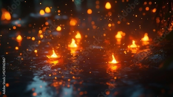 Fototapeta Flames flicker and dance in the darkness, casting a surreal glow against the blurry backdrop.