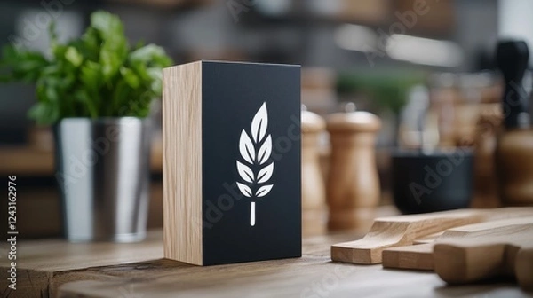 Fototapeta White Leaf Symbol on Dark Wood Block in Rustic Kitchen Setting