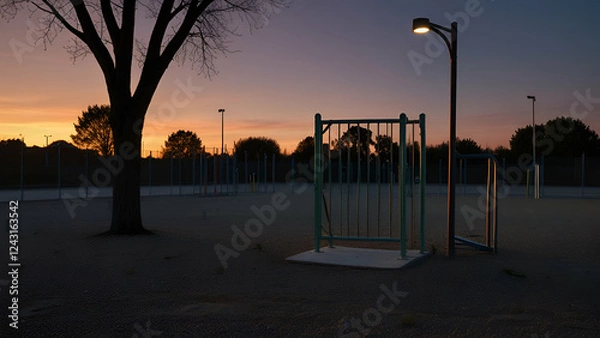 Fototapeta Empty Playground at Dusk , Soft Glow and Long Shadows from Lampposts, Closed Gate Signifying Quiet
