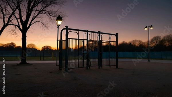 Obraz Empty Playground at Dusk , Soft Glow and Long Shadows from Lampposts, Closed Gate Signifying Quiet
