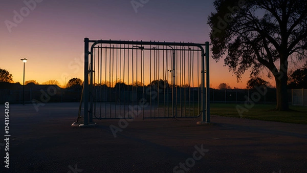Obraz Empty Playground at Dusk, Soft Glow and Long Shadows from Lampposts, Closed Gate Signifying Quiet
